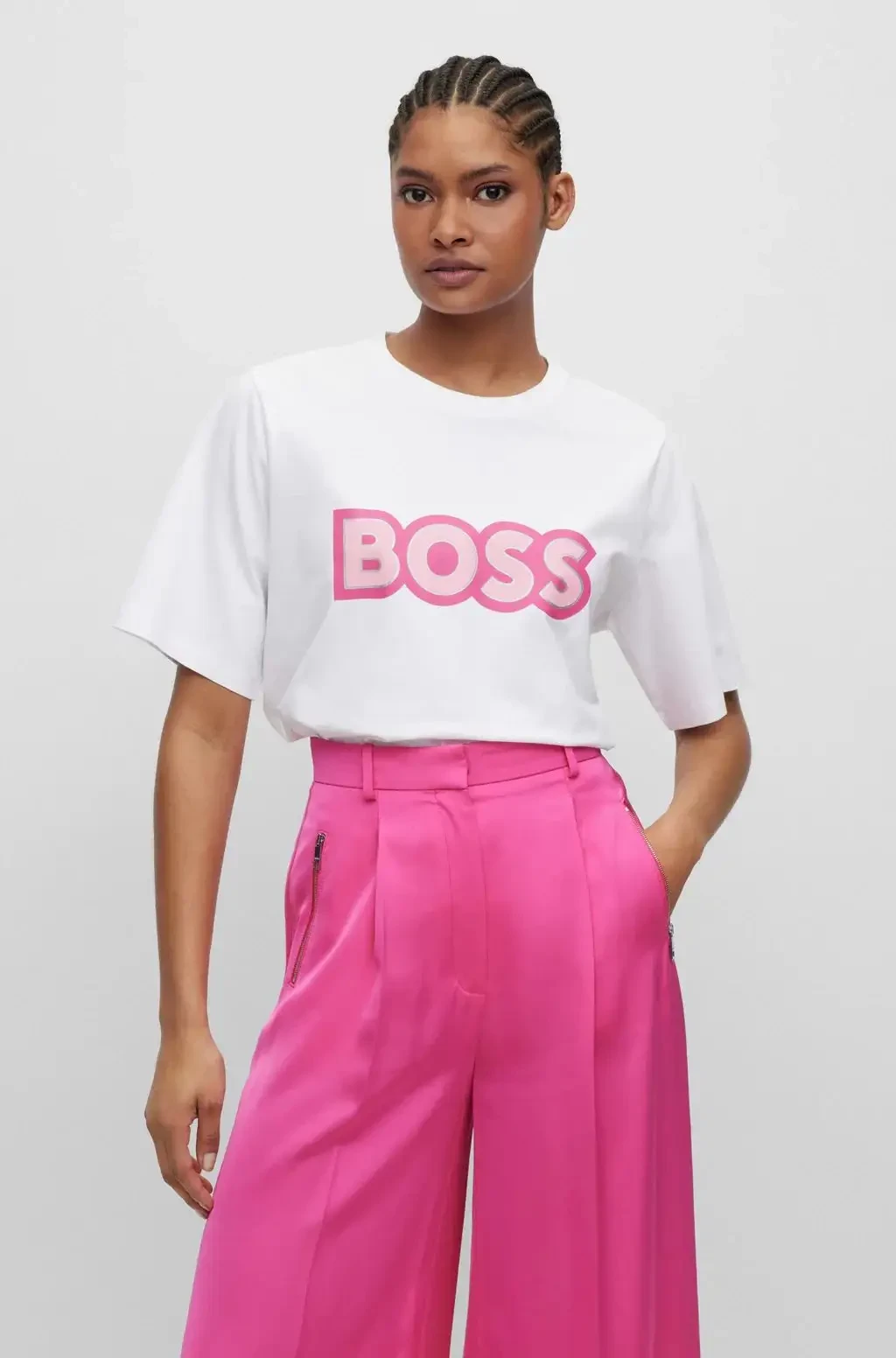 T-shirt en coton stretch BOSS X Alica Schmidt blanc et rose avec logo