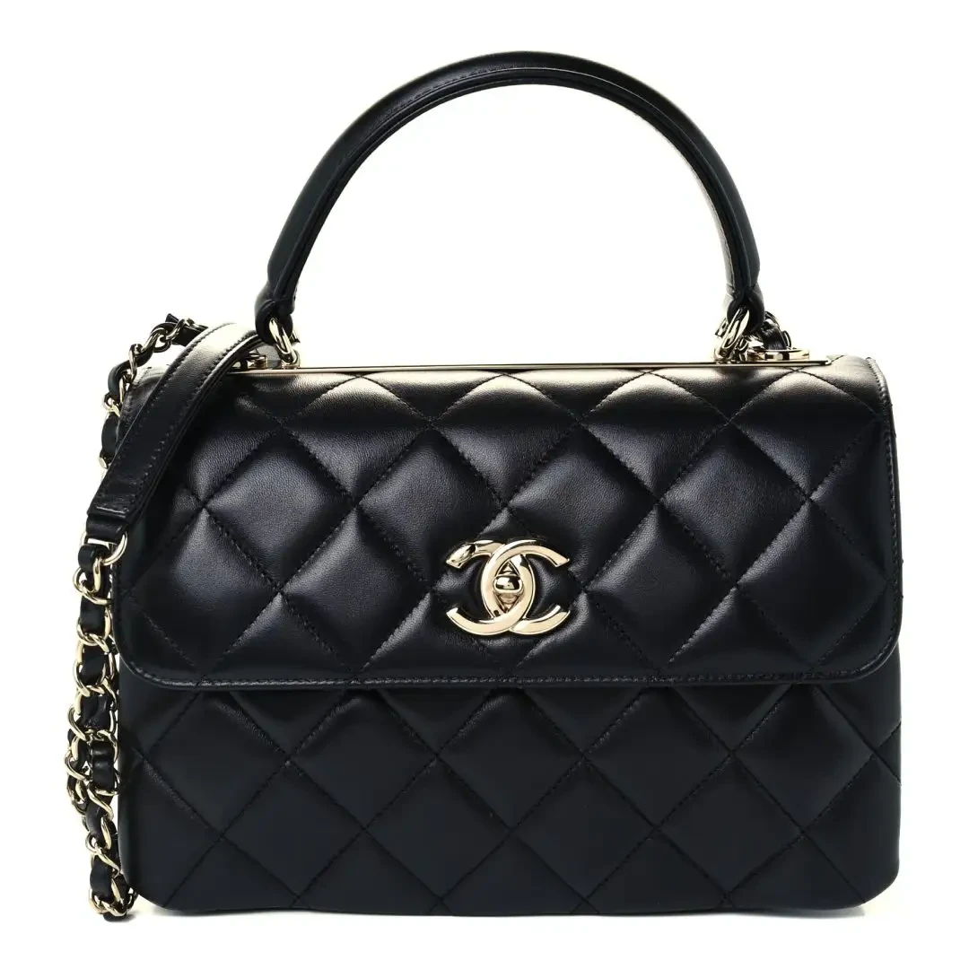 Petit sac à rabat à double poignée CC à la mode en cuir d'agneau matelassé noir Chanel
