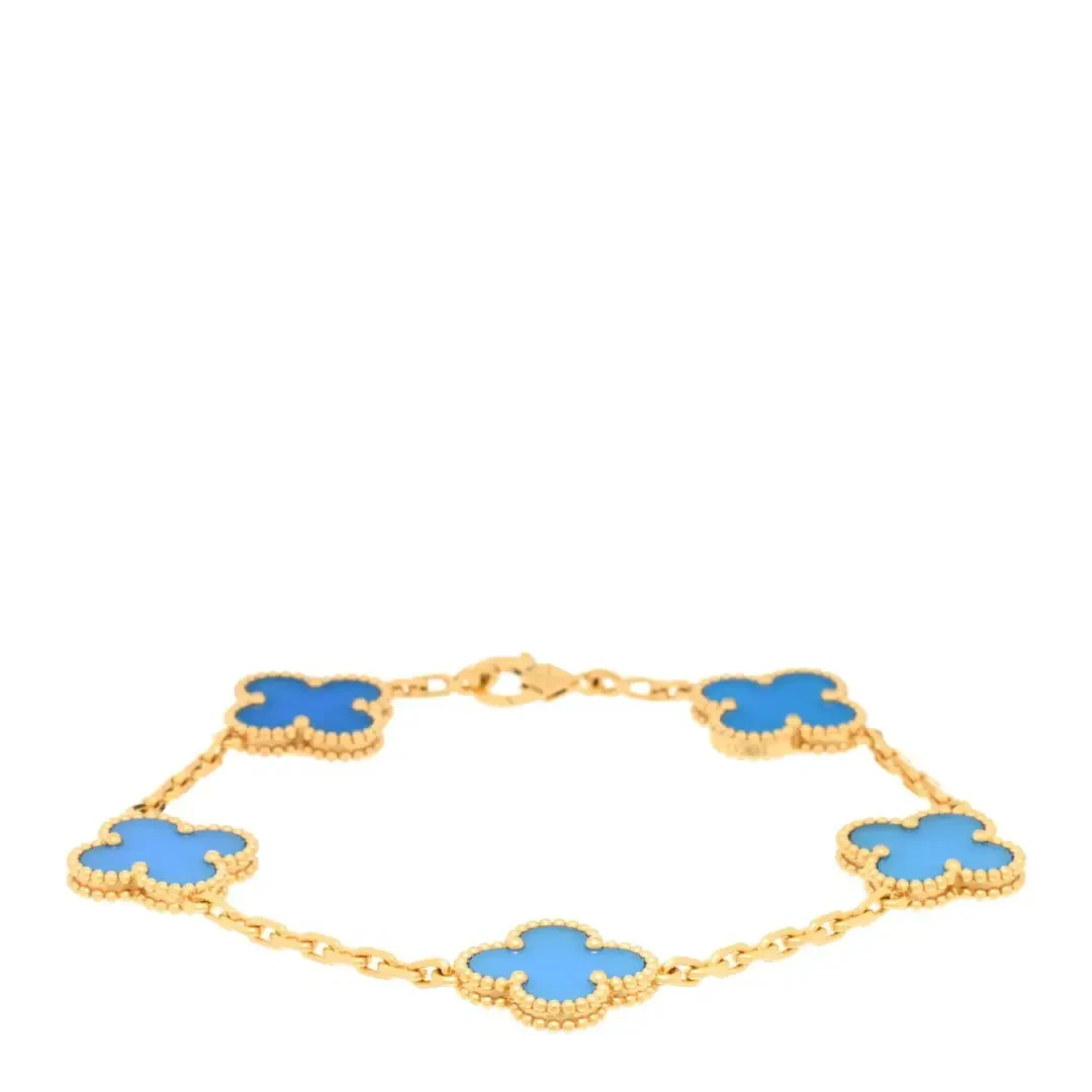 Van Cleef Or Jaune 18K Agate Bleue 5 Motifs Vintage Alhambra Bracelet