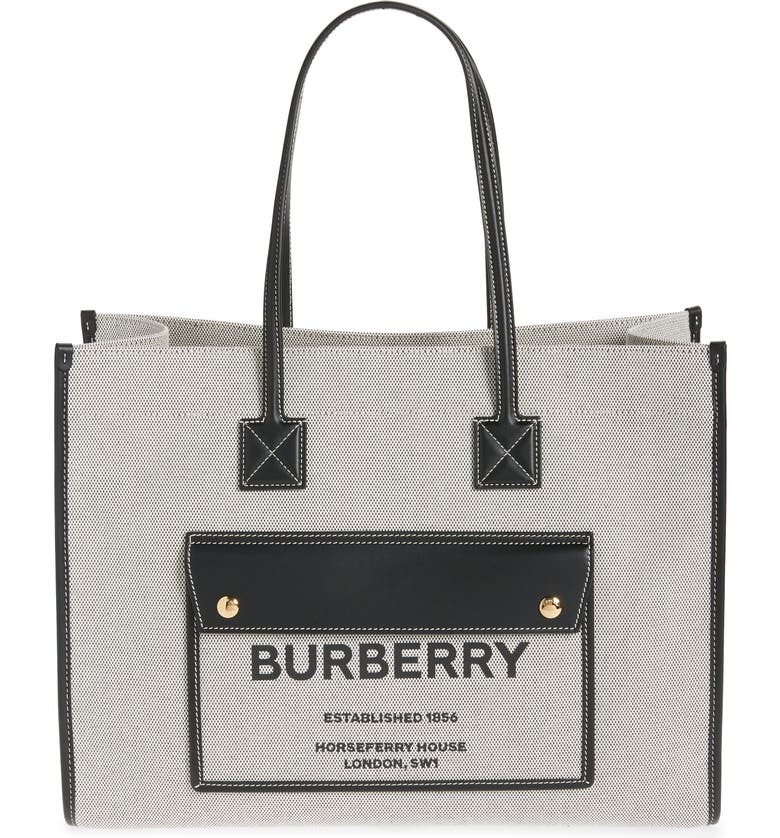 Cabas en toile et cuir Burberry Freya Horseferry Logo gris et noir