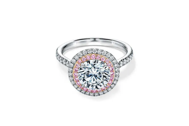 Bague de fiançailles double halo avec diamants roses en platine