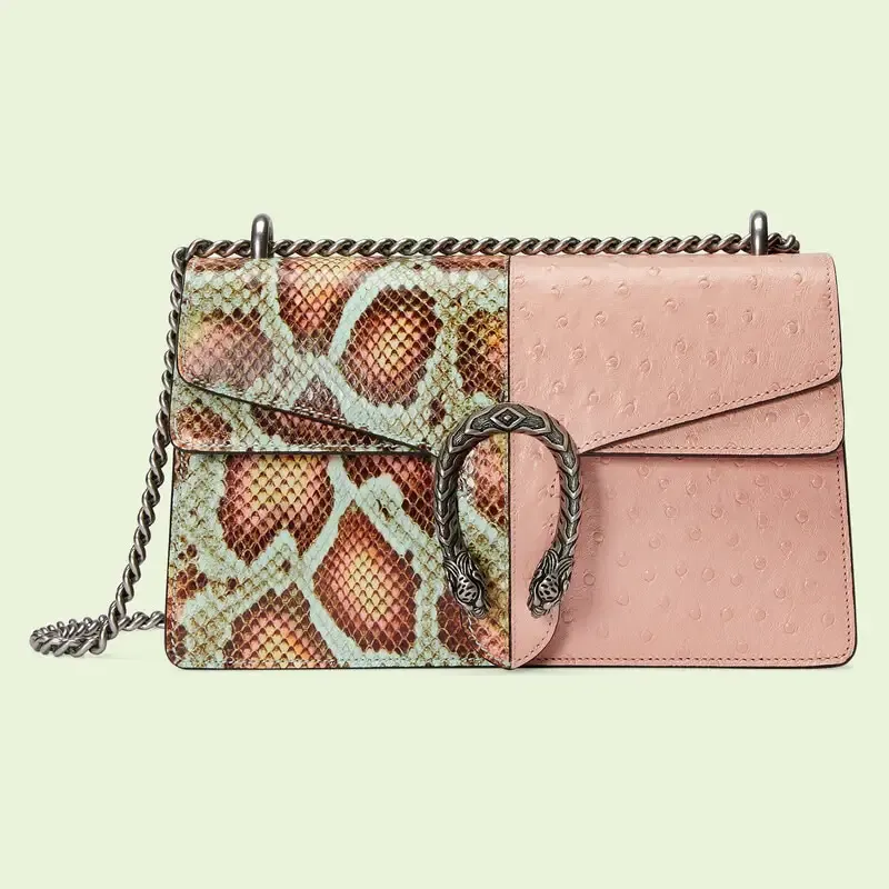Petit sac porté épaule en python Gucci Dionysus rose, vert et marron