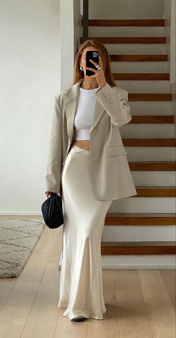 Satin Skirt Outfit White Satin Skirt with White Crop Top and Oversized Beige Blazer