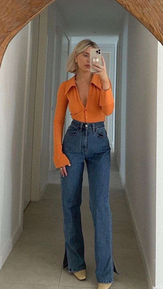 Retro Outfit Straight Leg Jeans with Slits