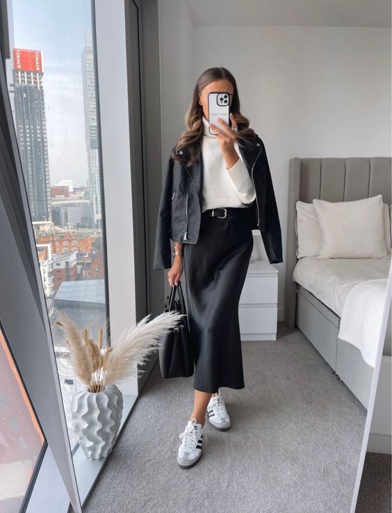 Satin Skirt Outfit Black Satin Skirt with White Wool Sweater and Black Jeans Jacket