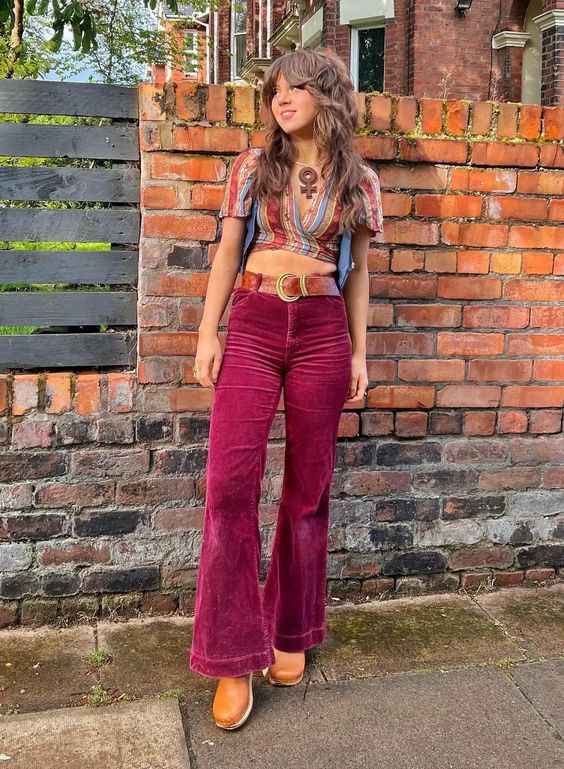 Casual 70s Outfits  Red Cord Pants with Colorful Boho Top