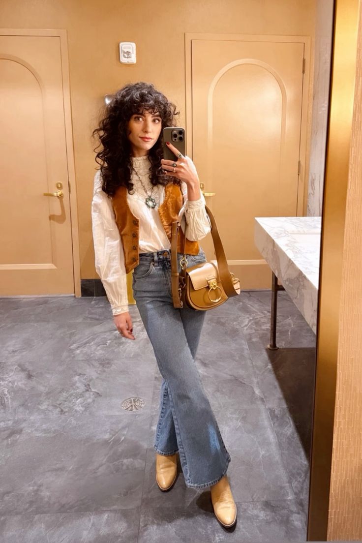 Casual 70s Outfits  Jeans with Blouse and a Brown Vest