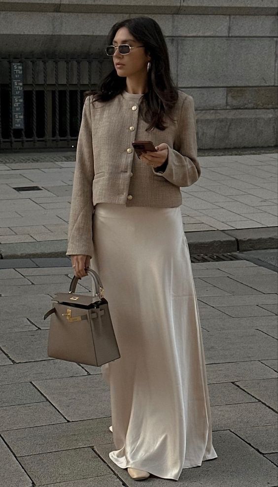 Satin Skirt Outfit Cream Satin Skirt with Tweed Jacket