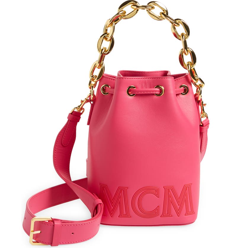 Affordable Luxury Pink MCM Mini Drawstring Leather Bucket Bag 